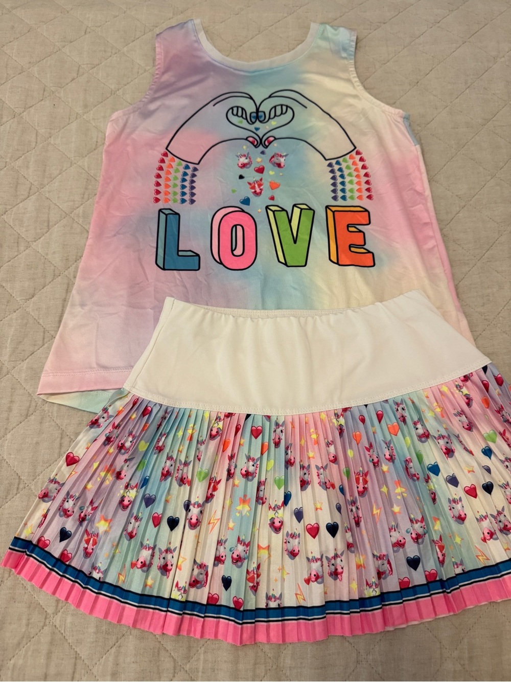 Lucky In Love: Girls Rainbow 'LOVE' Tank and Pleated Skirt Set - Pastel Multi